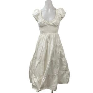 Danielle Bernstein White Smocked Short Puff Sleeve Tierred Midi A-line Dress S